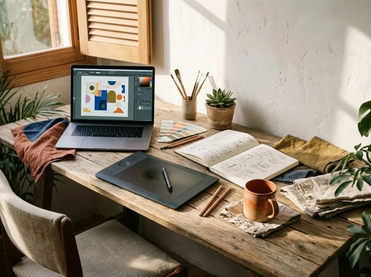 Escritorio de madera con una laptop y una tableta gráfica, un cuaderno de bocetos, pinceles y muestras de color.