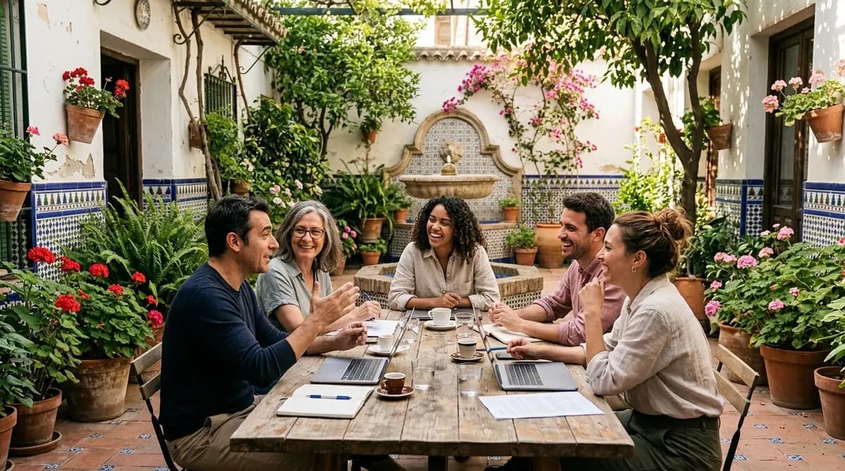 Cinco personas conversan y ríen alrededor de una mesa en un patio con macetas, flores y una fuente de azulejos.