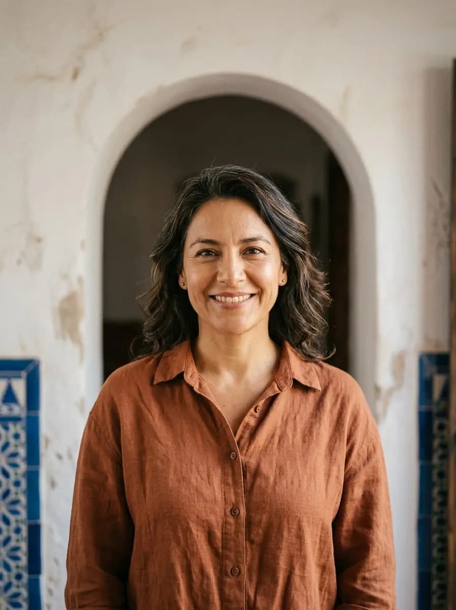 Una mujer sonríe frente a un arco encalado con azulejos azules a los lados.