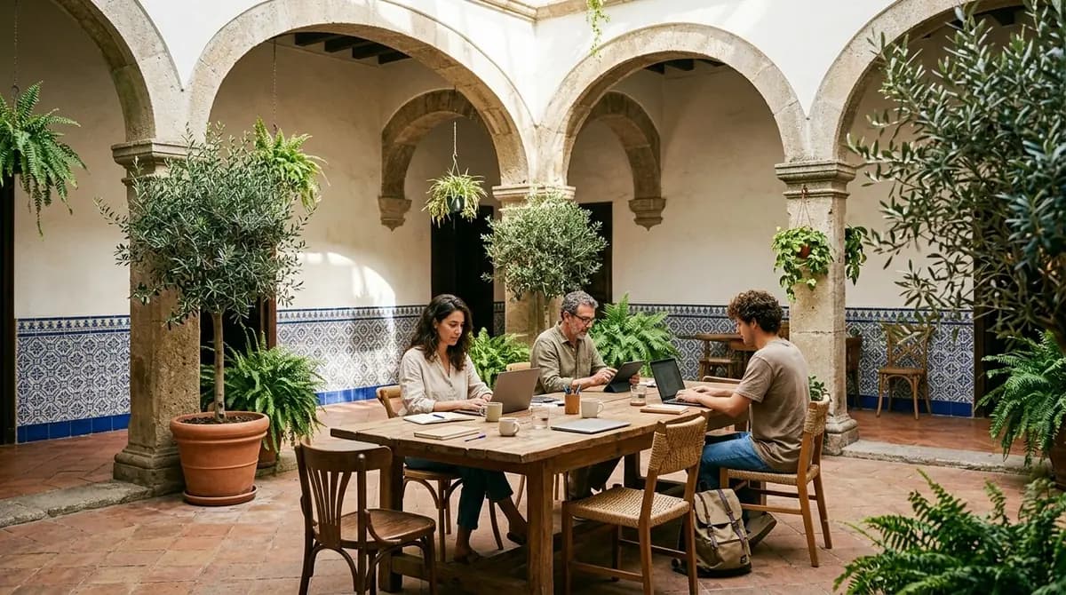 Tres personas trabajan con sus laptops en una mesa de madera dentro de un patio con arcos y azulejos.